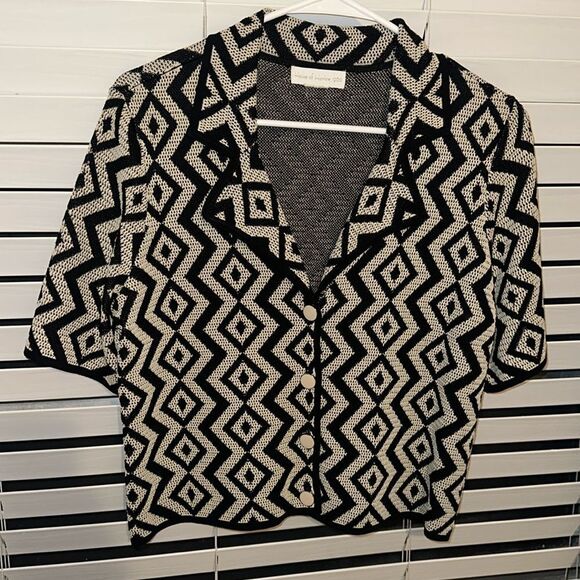 HOH M Black Ivory Diamond Print Short Sleeve Crop Cardigan Jacket - Picture 1 of 7